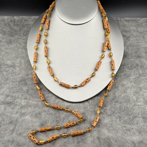 Carved Celluloid Brown Beads Necklace Faux Wood Early Plastic Art Deco VTG 26" - Picture 4 of 12